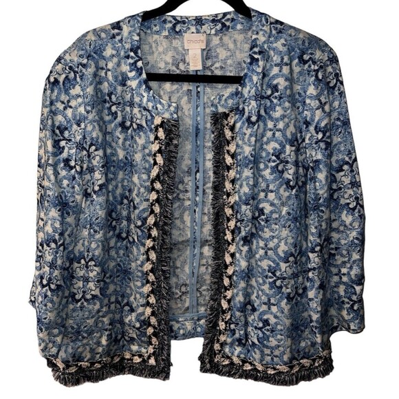 Chicos Jacket Womens 2 Large Linen Floral open Blazer Fringe Coastal Career - Picture 1 of 7